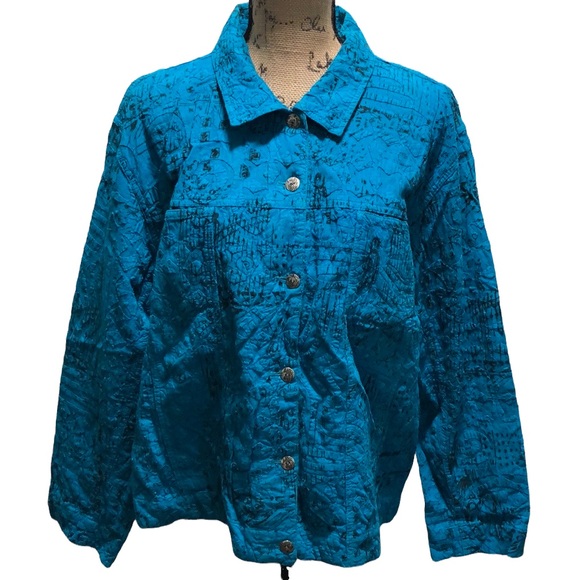 {Chico's} Greenish Blue Textured Lightweight Jacket - Picture 1 of 9